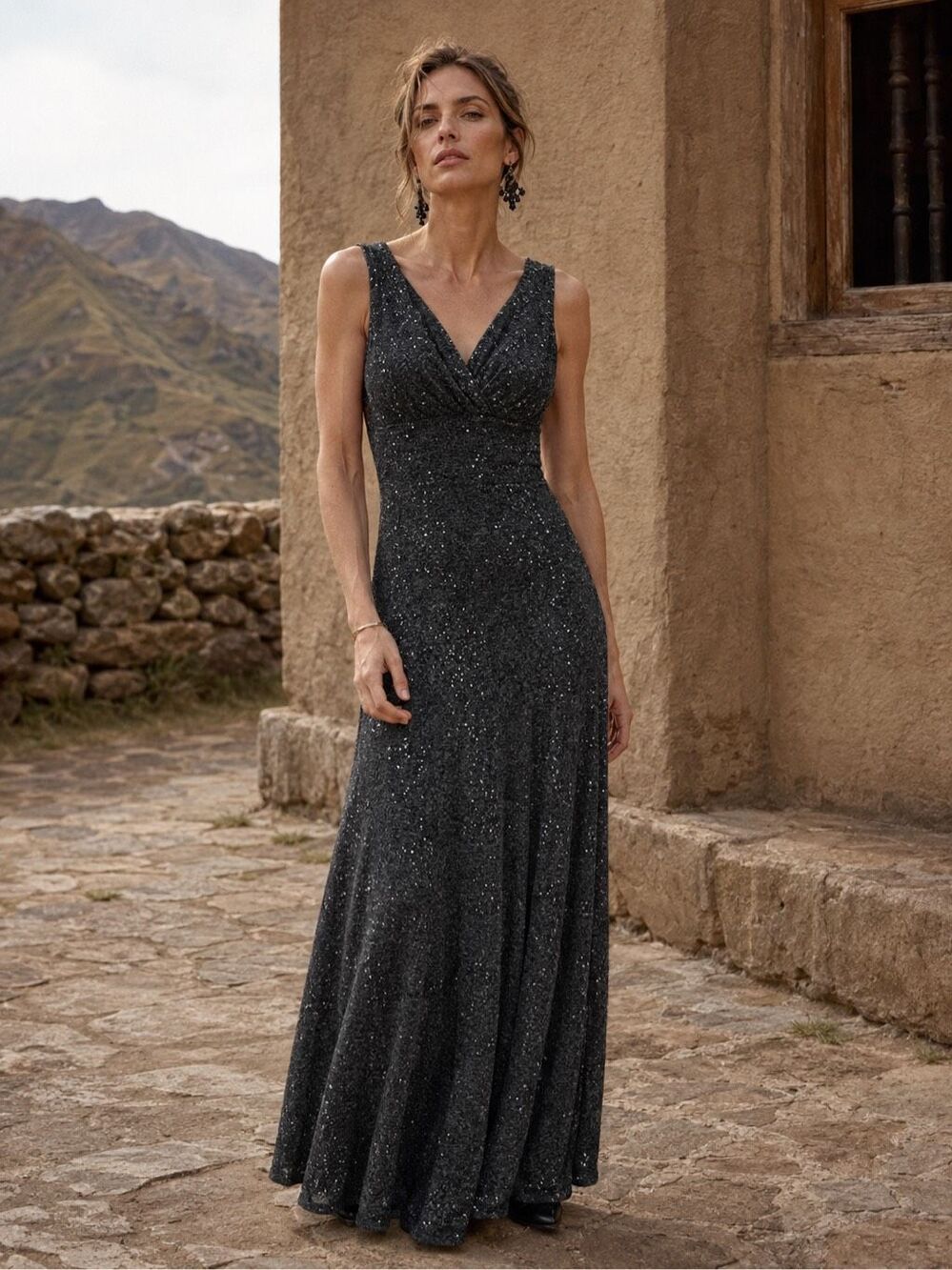 Peruvian Connection Sequined Knit Evening Maxi Dress Charcoal Gray Size 4
